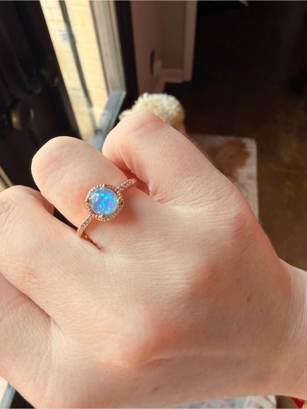 Rose Gold Plated Opal Halo Ring sz 7 - Blue Opal Accent